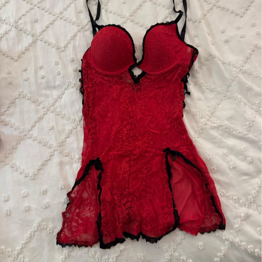 Elegant Red Lace Chemise with Black Accents